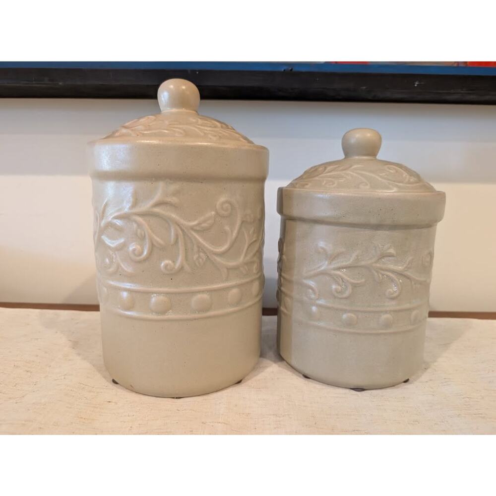 Set of 2 Lidded Tan Stoneware Crock Canisters Embossed Vine Design